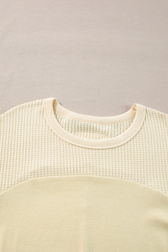 Beige Thermal Knit Patchwork Exposed Seam Long Sleeve Top