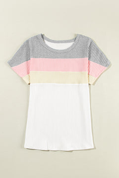 White Ribbed Color Block Patchwork T-shirt