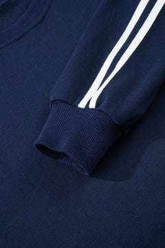 Dirty blue Varsity Striped Detail Crewneck Pullover Elastic Sweatpants 2pcs Outfit