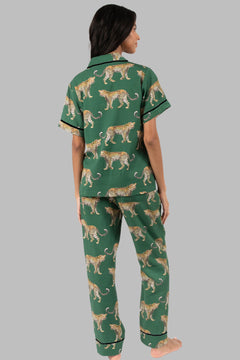 Green Cheetah Print Short Sleeve Shirt and Pants Pajama Set