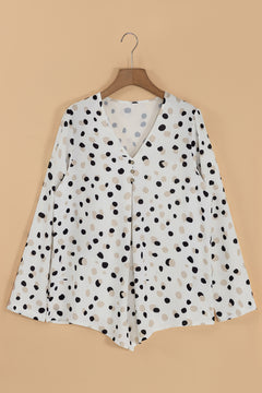 White Polka Dot Print Button Front V Neck Blouse