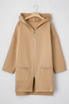 Light French Beige Solid Color Casual Zip up Hooded Coat