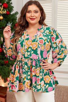 Green Floral Tied V Neck Long Sleeve Plus Size Babydoll Top