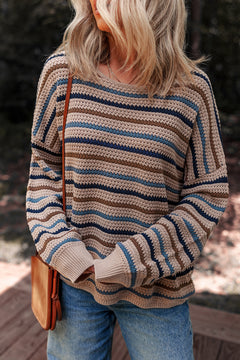 Multicolour Striped Knitted Drop Shoulder Round Neck Sweater