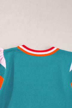 Turquoise Contrast Flutter Sleeves Knitted Sweater T Shirt