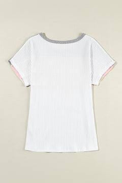 White Ribbed Color Block Patchwork T-shirt