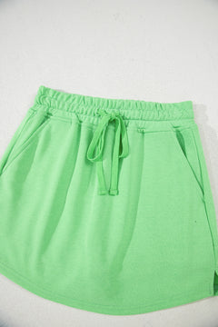 Light Green French Terry Drawstring Elastic Waistband Mini Skort with Pockets