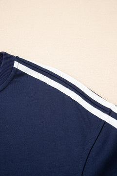 Dirty blue Varsity Striped Detail Crewneck Pullover Elastic Sweatpants 2pcs Outfit