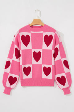 Pink Love Heart Checkered Valentine Crew Neck Sweater